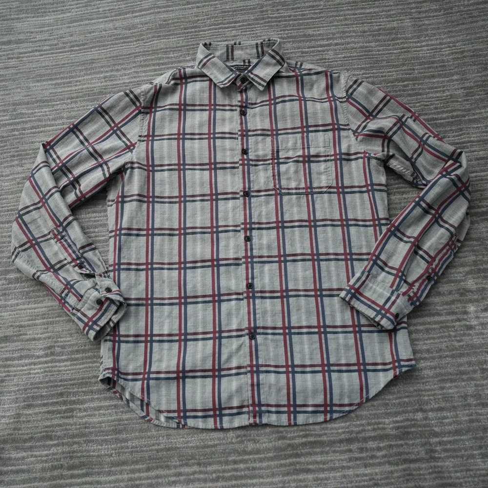 Banana Republic Luxe Shirt Men Camden Fit Gray Red‎ Plaid Cotton Medium